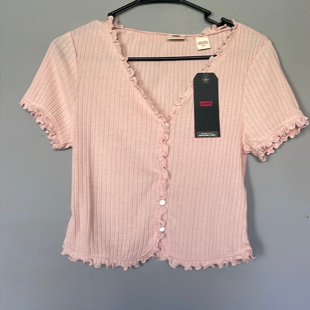 Ribbed button down v-neck top, medium